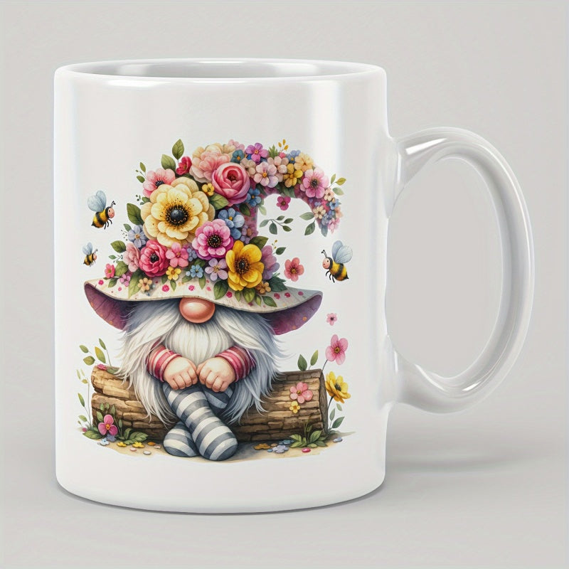 Tailorly White Ceramic 11 oz Mug - Whimsical Forest Creature Sitting On Log Featuring Colorful Floral Hat Gnome