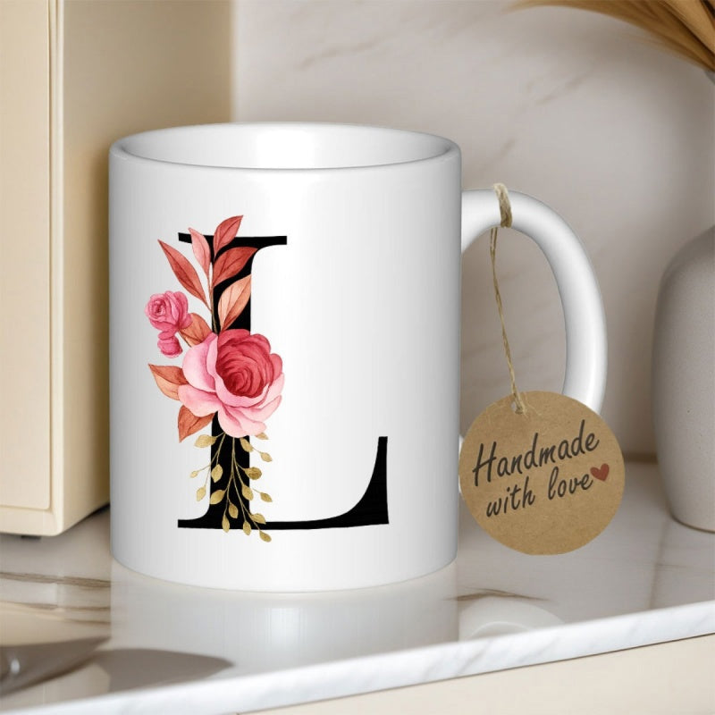 Tailorly White Ceramic 11 oz Mug - L Elegant Pink Floral Arrangement Wrapped Around A Bold Serif Black Letter