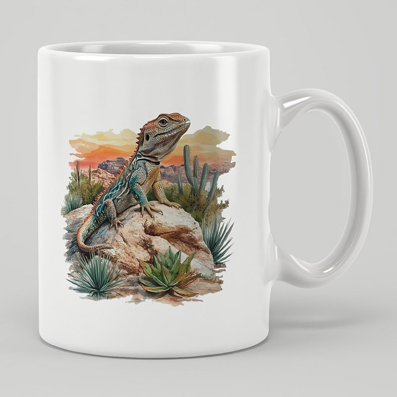 Tailorly White Ceramic 11 oz Mug - Detailed Reptile Resting On Desert Rocks Among Succulents Under Warm Sunset Lizard