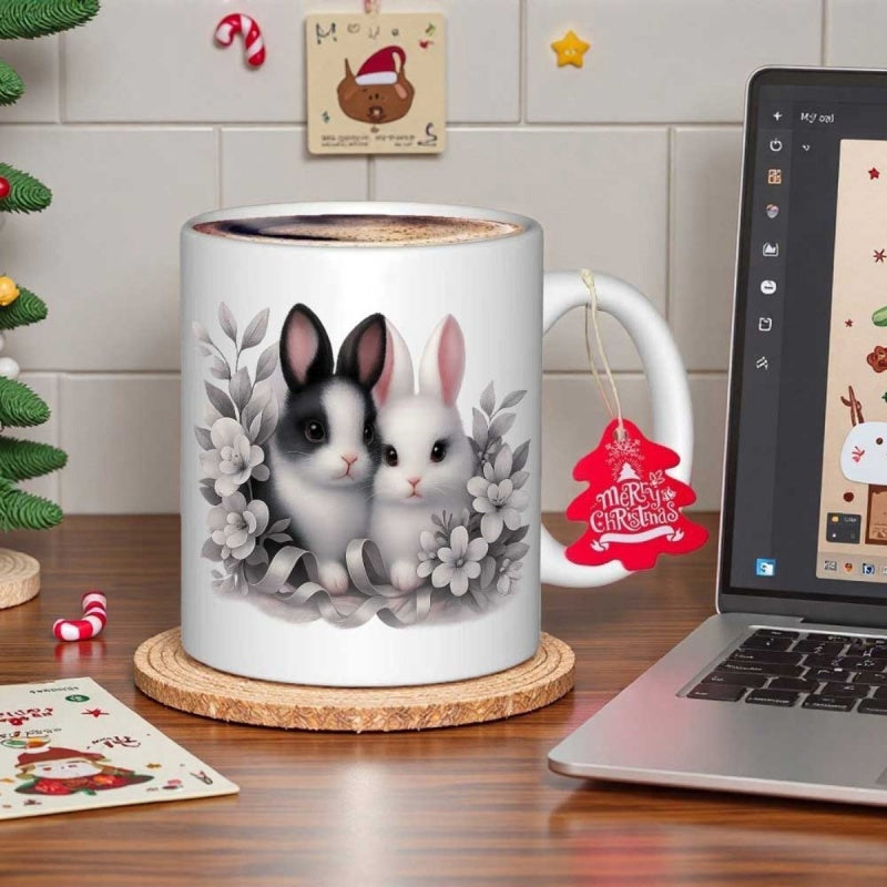 Tailorly White Ceramic 11 oz Mug - Two Cute Fluffy Bunnies Sitting Among Delicate Flowers And Foliage Rabbit