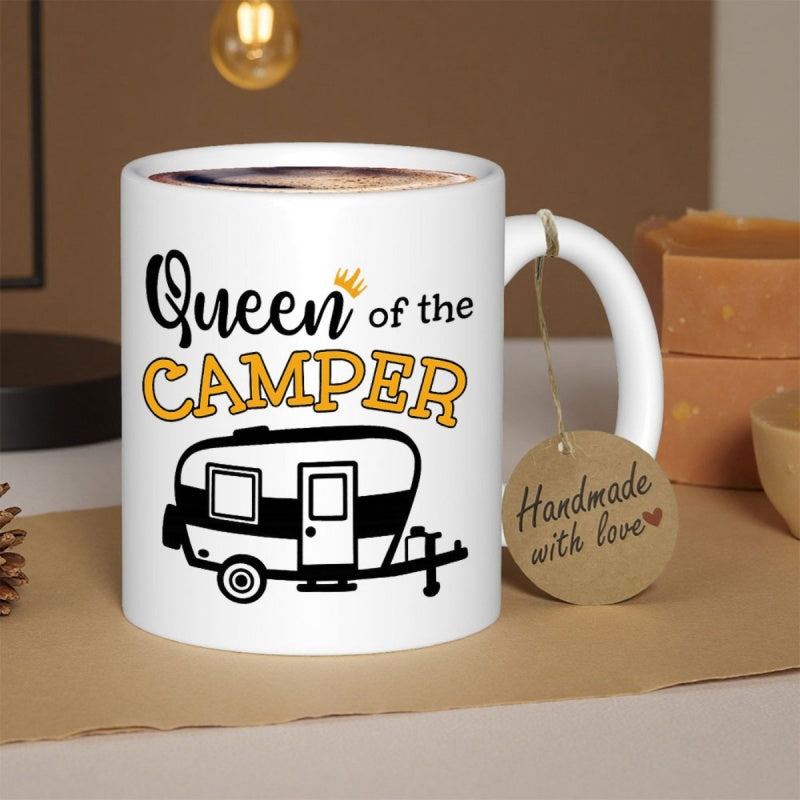Tailorly White Ceramic 11 oz Mug - Queen Of The Camper Classic Vintage Recreational Vehicle Trailer Resting On Flat Ground Camper