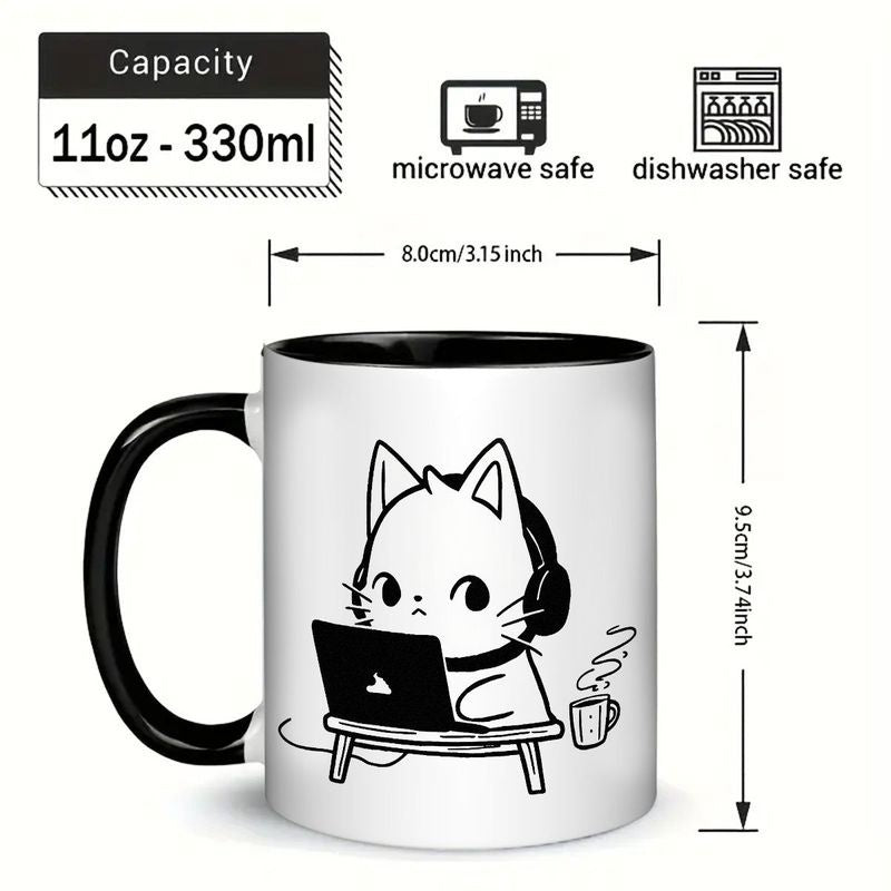 Tailorly Black Accent 11 oz Mug - black cat with laptop and headphones