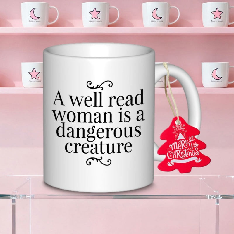 Tailorly White Ceramic 11 oz Mug - A Well Read Woman Is A Dangerous Creature Sleek White Ceramic Minimalist Vessel Featuring Elegant Swirls Mug