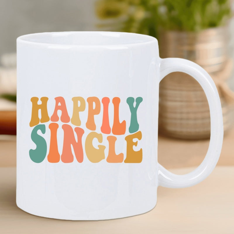 Tailorly White Ceramic 11 oz Mug - Happily Single Vibrant Retro Groovy Letters With Wavy Lines And Colorful Aesthetic Style Mug