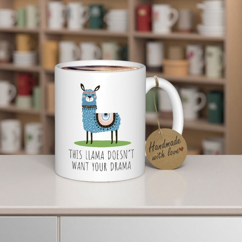 Tailorly White Ceramic 11 oz Mug - This Llama Doesnt Want Your Drama Handmade With Love Charming Blue Cartoon Character Standing On A Small Green Grass Patch Llama