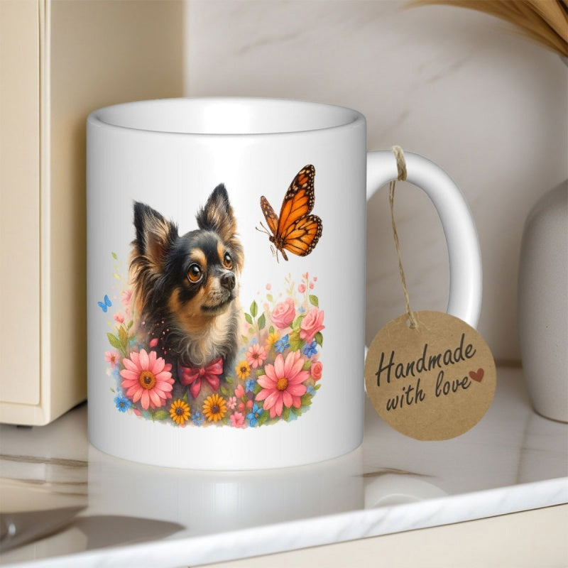 Tailorly White Ceramic 11 oz Mug - Handmade With Love Charming Dog Among Blooming Colorful Flowers And Hovering Orange Butterfly Chihuahua