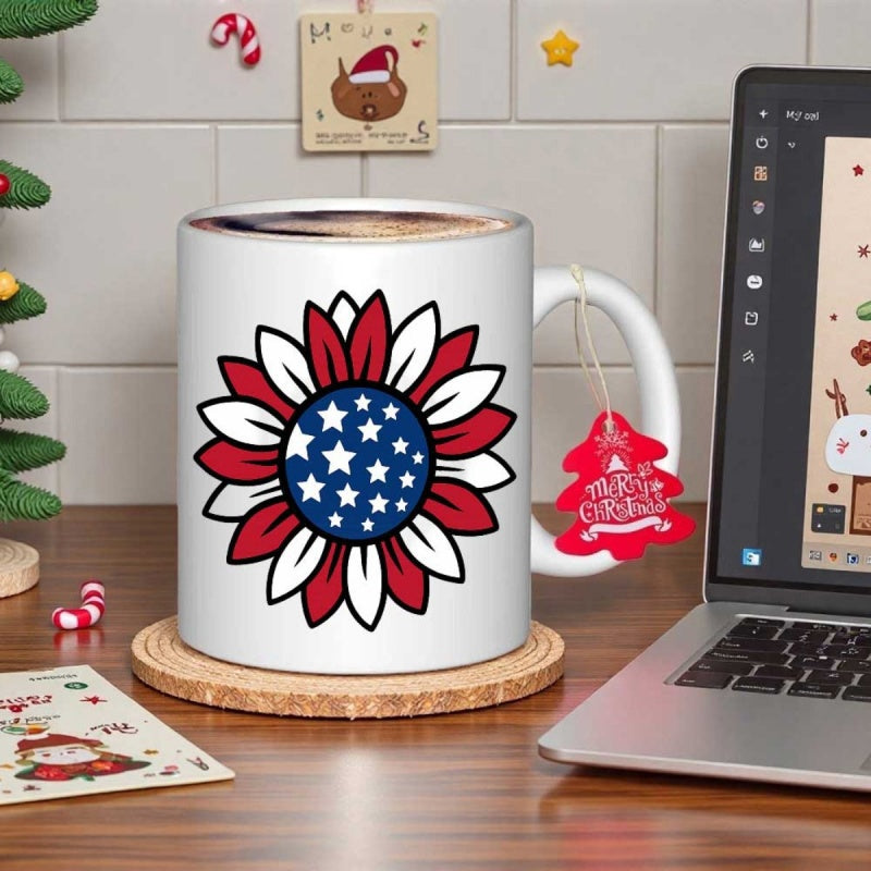 Tailorly White Ceramic 11 oz Mug - Patriotic American Flag Inspired Pattern With Vibrant Red And White Petals Sunflower