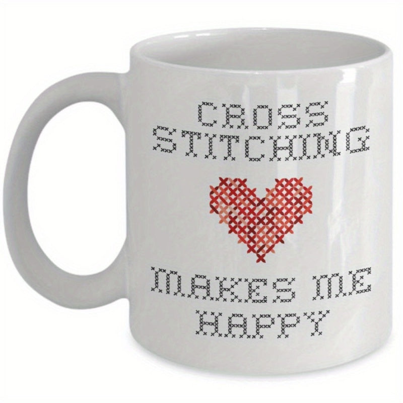 Tailorly White Ceramic 11 oz Mug - Cross Stitching Makes Me Happy Red Heart With Traditional Stitch Pattern On Porcelain Surface Mug