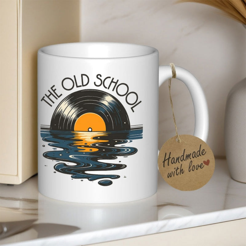 Tailorly White Ceramic 11 oz Mug - The Old School Vintage Vinyl Disc Rising Like Sun Over Rippling Ocean Waves Record