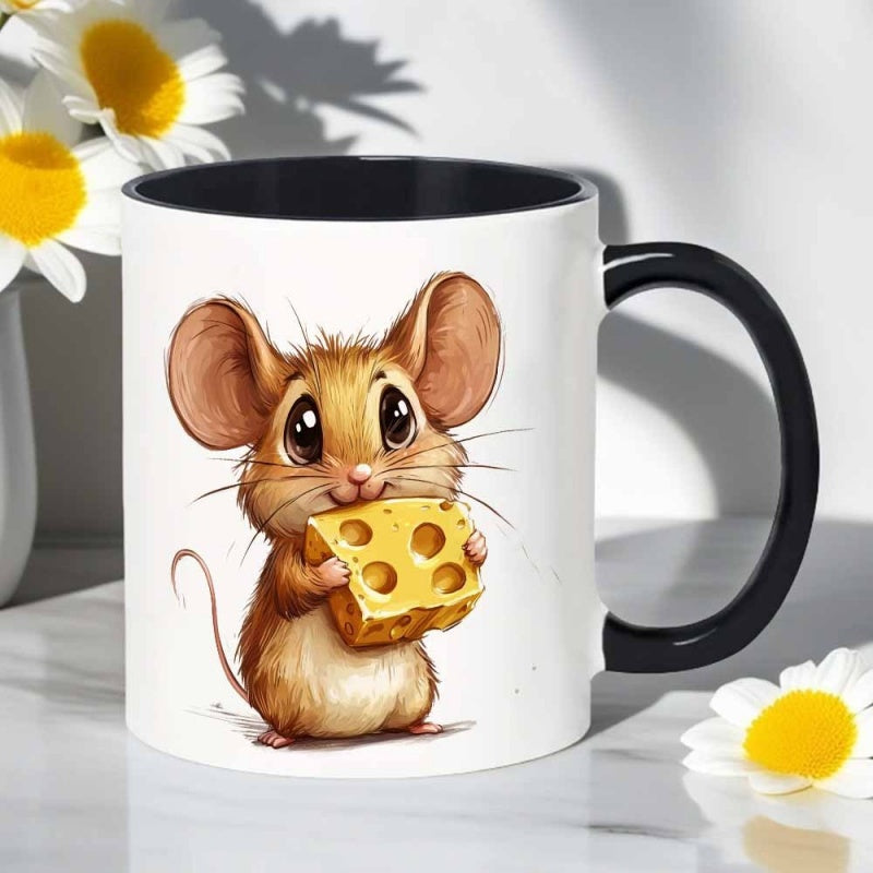 Tailorly Black Accent 11 oz Mug - cute cartoon mouse holding cheese