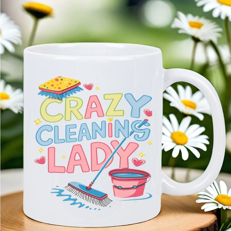 Tailorly White Ceramic 11 oz Mug - Crazy Cleaning Lady Colorful Playful Bubble Letters With Household Cleaning Tools And A Pink Bucket