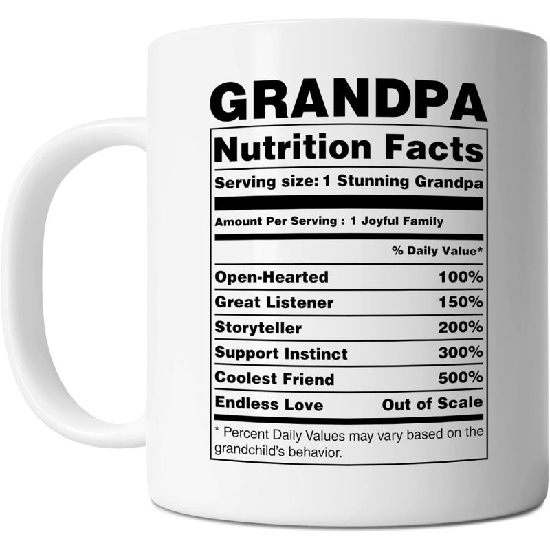 Tailorly White Ceramic 11 oz Mug - Grandpa Nutrition Facts Clean Black Text Arranged Within A Rectangular Regulatory Table Style Mug