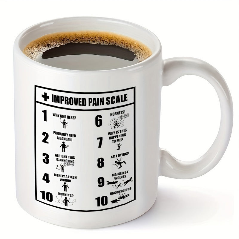 Tailorly White Ceramic 11 oz Mug - Improved Pain Scale Funny Graphic Numerical Levels With Black Stick Figure Illustrations Medical Humor Chart