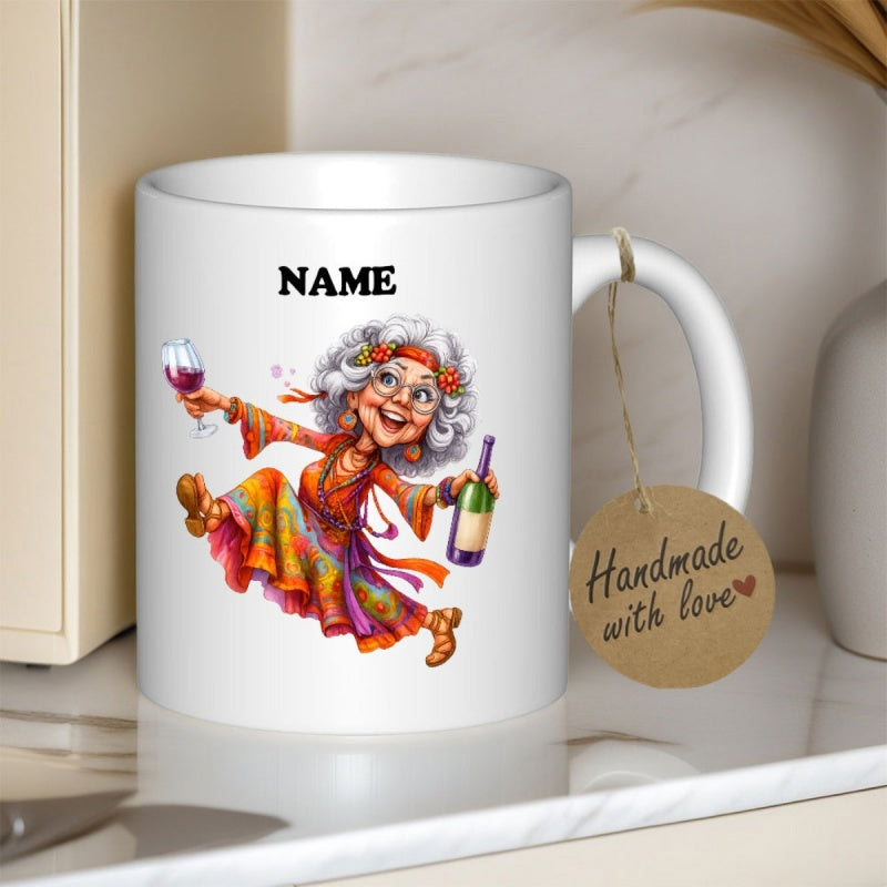 Tailorly White Ceramic 11 oz Mug - Name Whimsical Elderly Lady Dancing Happily In Colorful Attire With Wine Glass And Bottle Grandma
