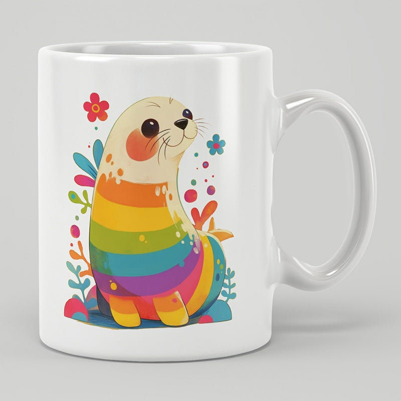 Tailorly White Ceramic 11 oz Mug - Cute Rainbow Striped Animal Surrounded By Vibrant Colorful Garden Blossoms Seal