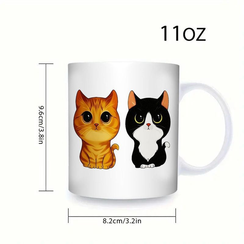 Tailorly White Ceramic 11 oz Mug - Adorable Hand Drawn Stylized Kittens Sitting Side By Side With Large Eyes Cat