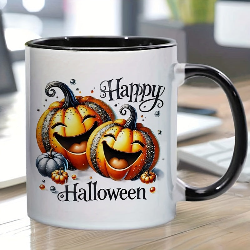 Tailorly Black Accent 11 oz Mug - jack o lantern with smiling pumpkins