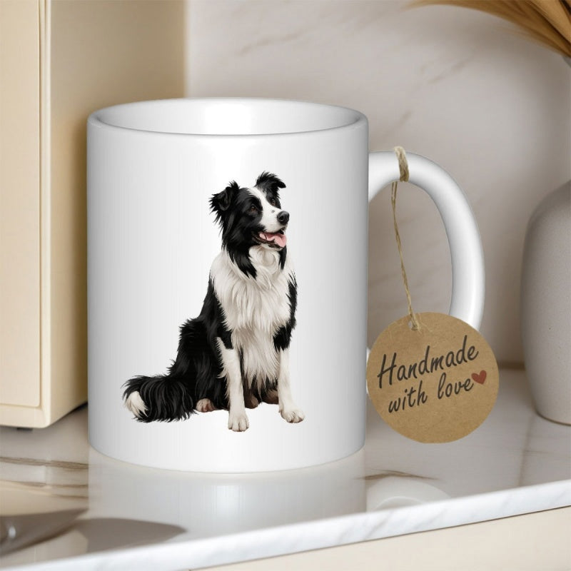 Tailorly White Ceramic 11 oz Mug - Handmade With Love Attentive Sitting Black And White Border Collie With Gentle Expression Dog