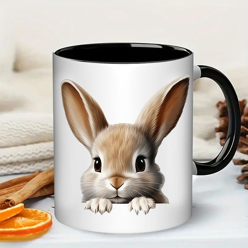 Tailorly Black Accent 11 oz Mug - cute bunny rabbit face with pink ears brown paws