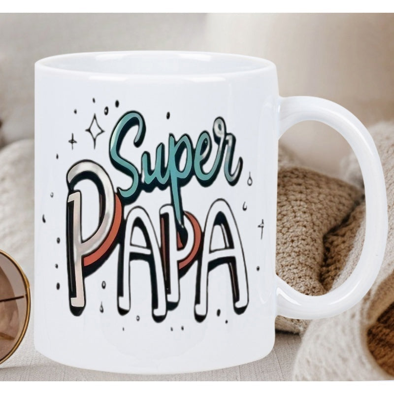 Tailorly White Ceramic 11 oz Mug - Super Papa Retro Stylized Bubble Letters With Decorative Stars And Sparkling Dots Mug