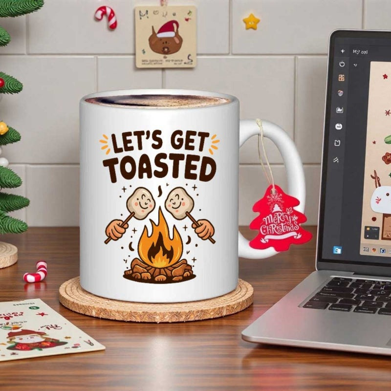 Tailorly White Ceramic 11 oz Mug - Lets Get Toasted Cartoon Marshmallows Roasting Over A Glowing Campfire With Vibrant Flames Marshmallow