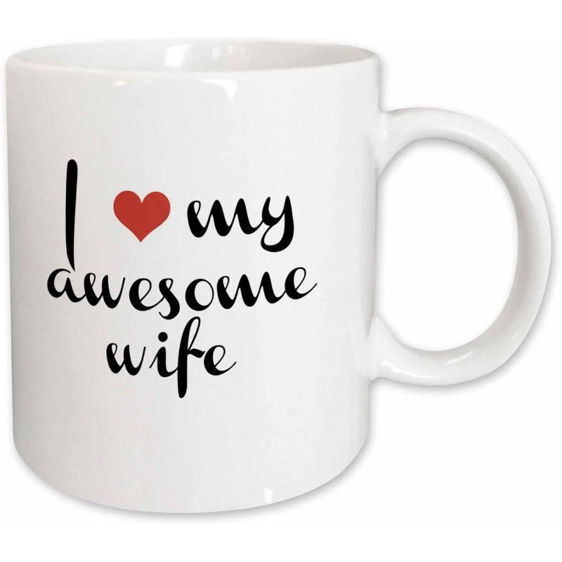 Tailorly White Ceramic 11 oz Mug - I My Awesome Wife Classic Red Heart Symbol Centered Within Elegant Script Typography Mug