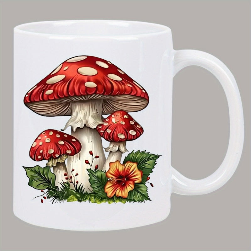 Tailorly White Ceramic 11 oz Mug - Vintage Botanical Style Red Spotted Fungi Among Green Leaves And Flowers Mushroom