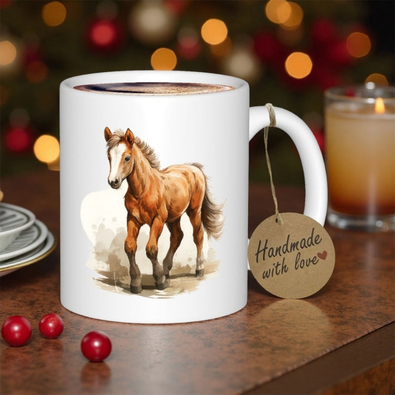 Tailorly White Ceramic 11 oz Mug - Handmade With Love Majestic Brown Stallion Walking Gracefully Across A Minimalist Artistic Backdrop Horse