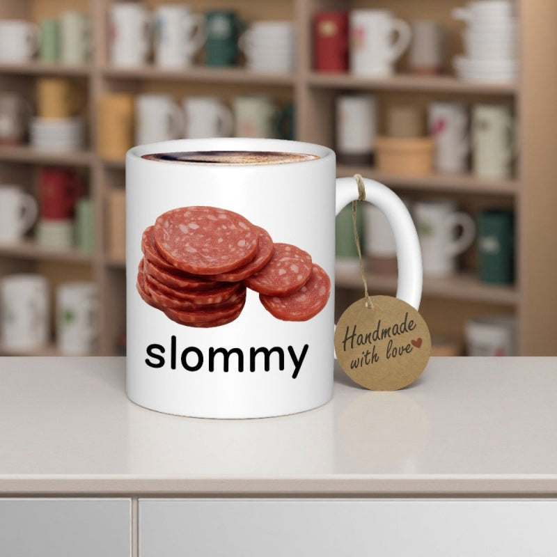 Tailorly White Ceramic 11 oz Mug - Slommy Realistic Stacked Red Cured Meat Slices On A Clean White Backdrop Salami