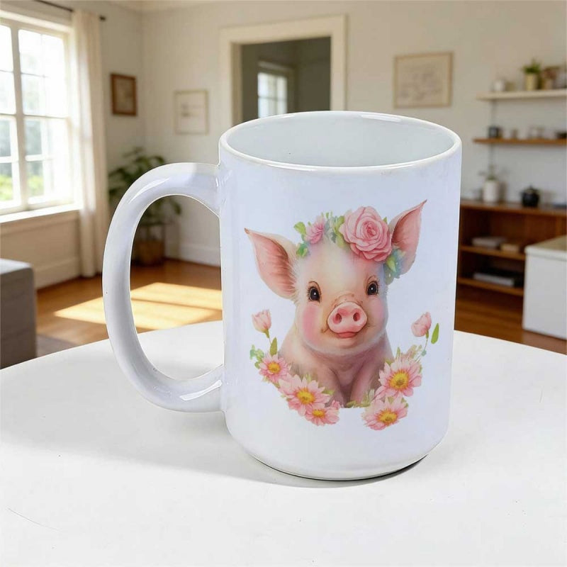 Tailorly White Ceramic 11 oz Mug - Adorable Watercolor Piglet Wearing A Crown Of Soft Pink Blooming Flowers Pig