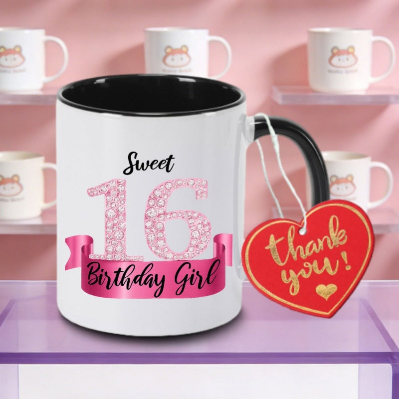 Tailorly Black Accent 11 oz Mug - pink glitter sweet 16 birthday girl sweet 16 lettering