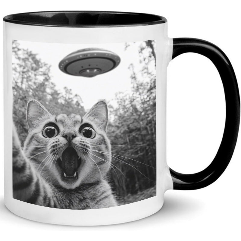 Tailorly Black Accent 11 oz Mug - funny cat selfie with UFO