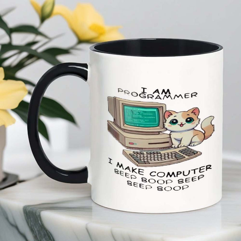 Tailorly Black Accent 11 oz Mug - programmer pride text retro design cat illustration