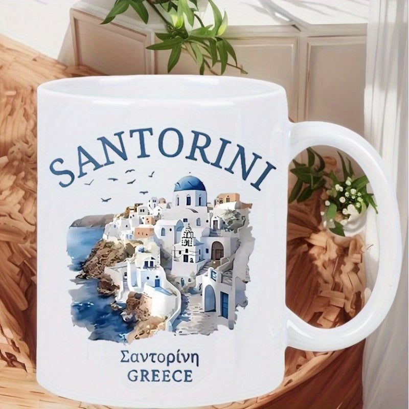Tailorly White Ceramic 11 oz Mug - Santorini Greece Beautiful Coastal Houses With Blue Domes Along The Mediterranean Sea Santorini