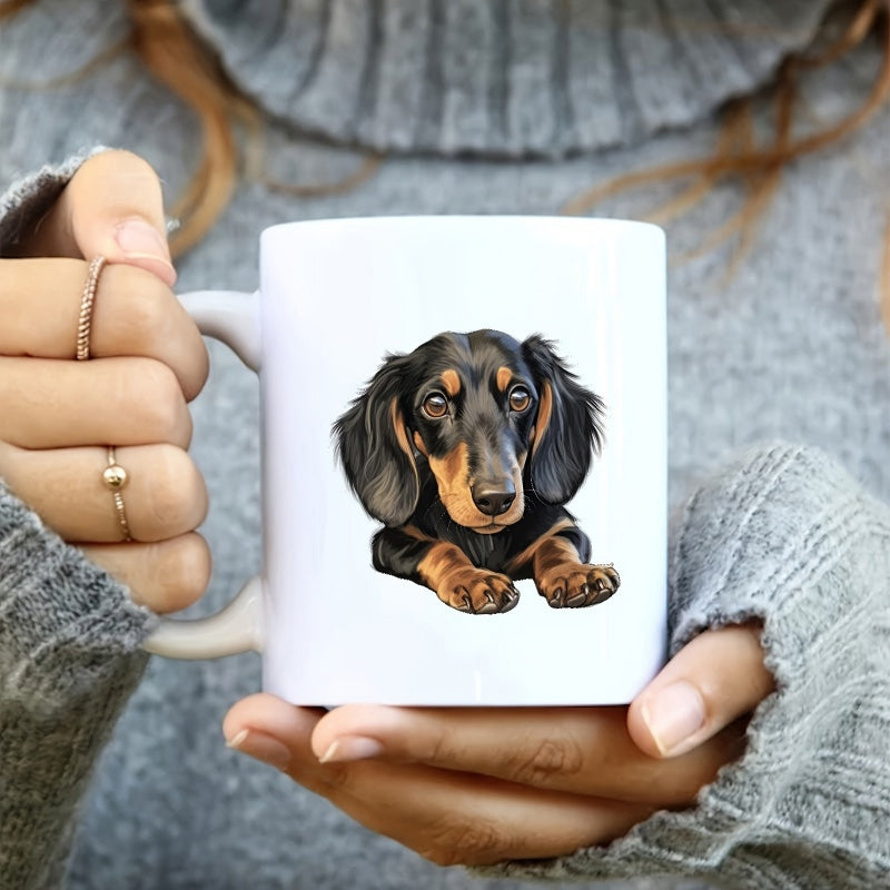 Tailorly White Ceramic 11 oz Mug - Realistic Long Haired Black And Tan Puppy Resting Its Paws Dachshund
