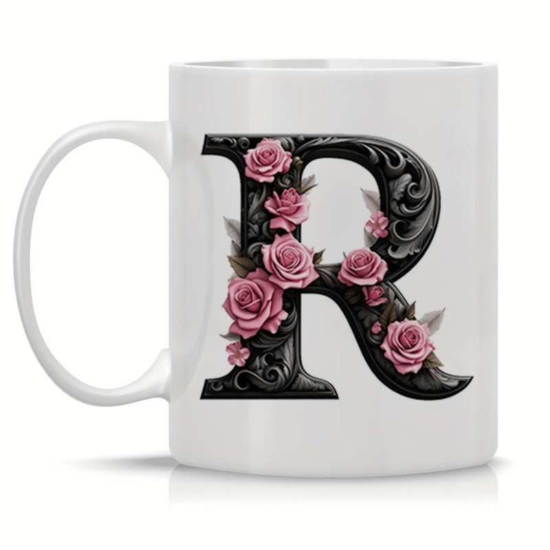 Tailorly White Ceramic 11 oz Mug - R Decorative Vintage Black Filigree Ornamented With Elegant Pink Blooming Floral Letter