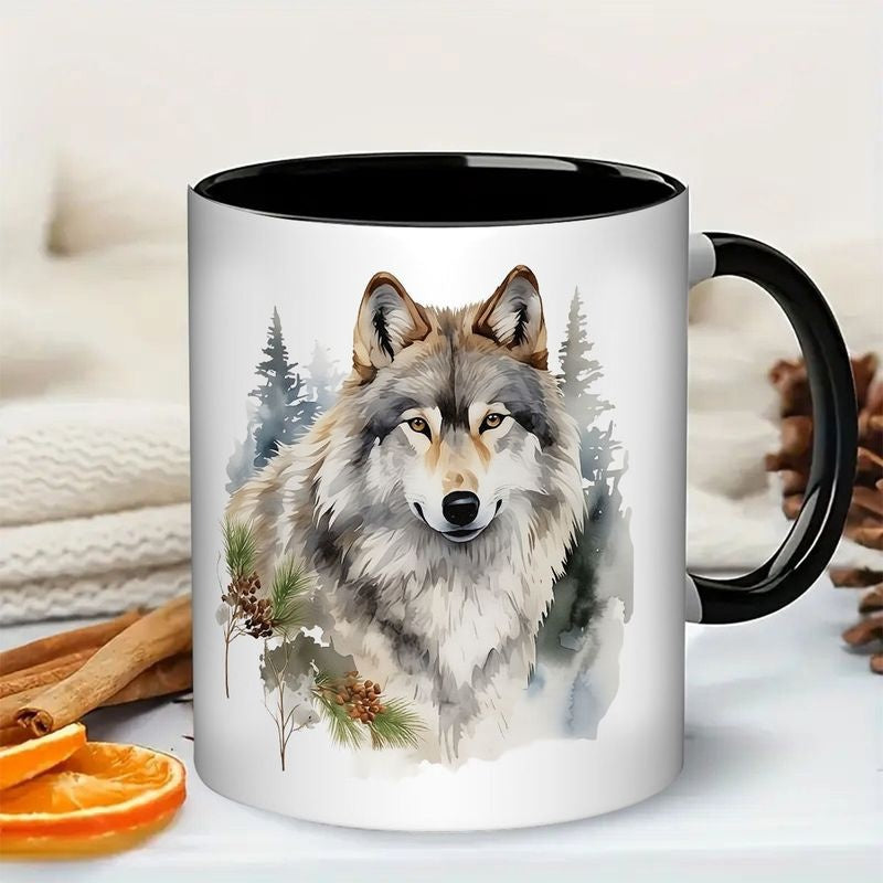 Tailorly Black Accent 11 oz Mug - wolf， realistic gray white wood grain
