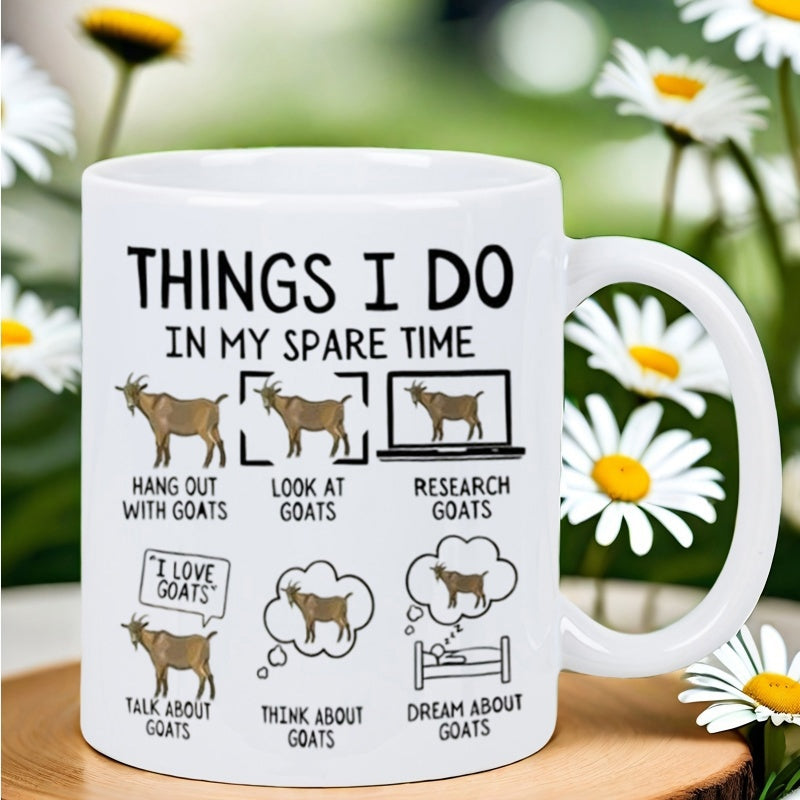 Tailorly White Ceramic 11 oz Mug - Things I Do In My Spare Time Multiple Small Brown Farm Animals Illustrating Various Fun Daily Life Activities Goat