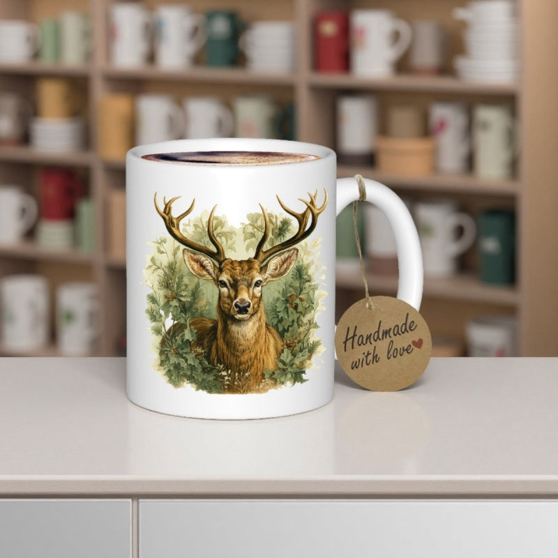 Tailorly White Ceramic 11 oz Mug - Handmade With Love Majestic Forest Buck Surrounded By Lush Green Evergreen Foliage Deer