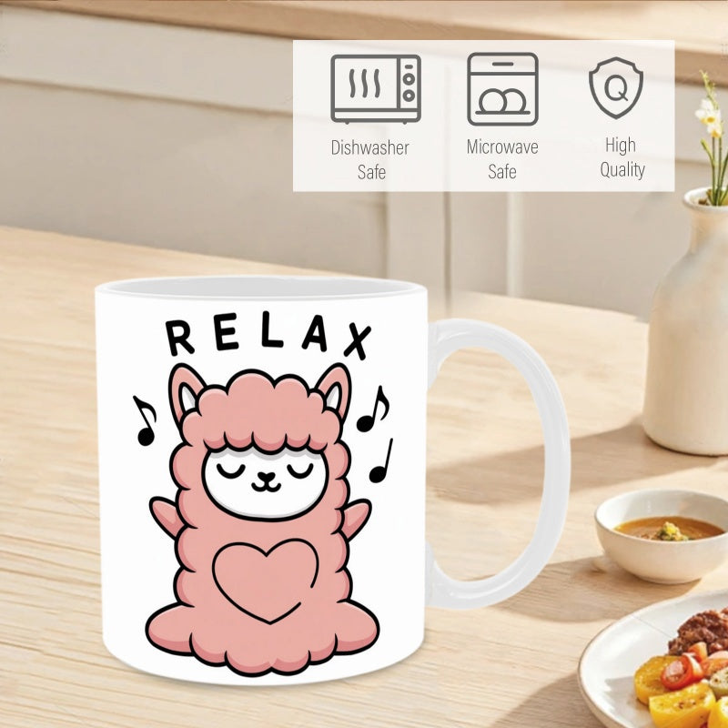Tailorly White Ceramic 11 oz Mug - Relax Pink Fluffy Character With Heart And Music Notes Enjoying Peaceful Atmosphere Llama