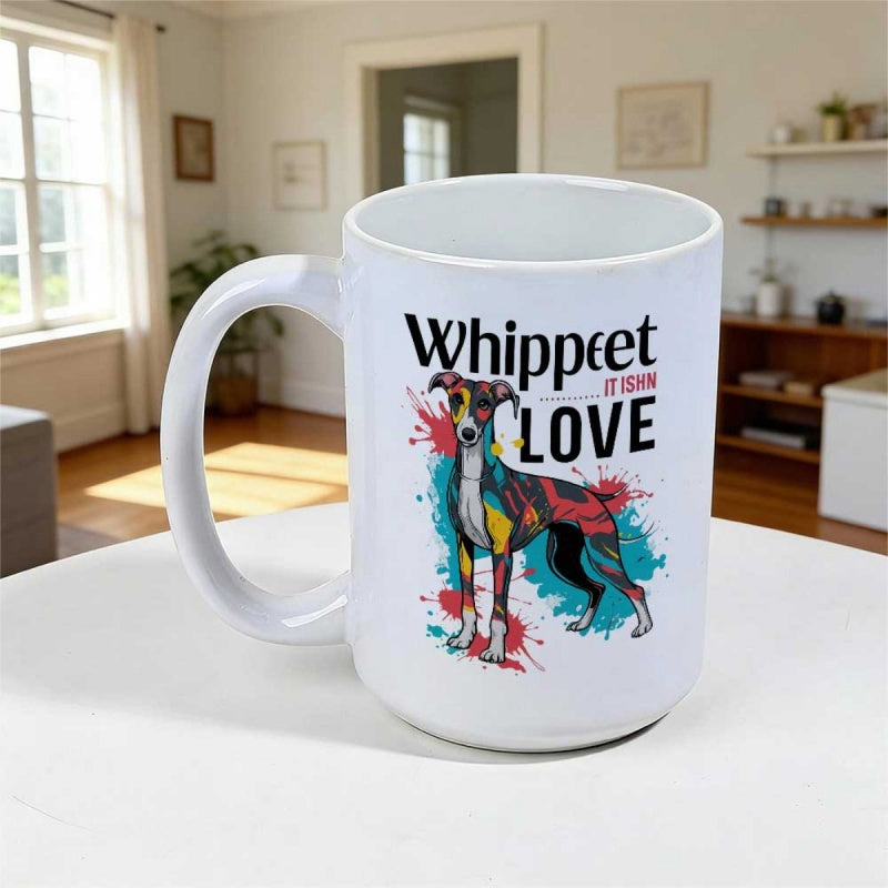 Tailorly White Ceramic 11 oz Mug - Whippet Is Being Love Abstract Colorful Geometric Patterns Splashed Around A Standing Graceful Slender Whippet