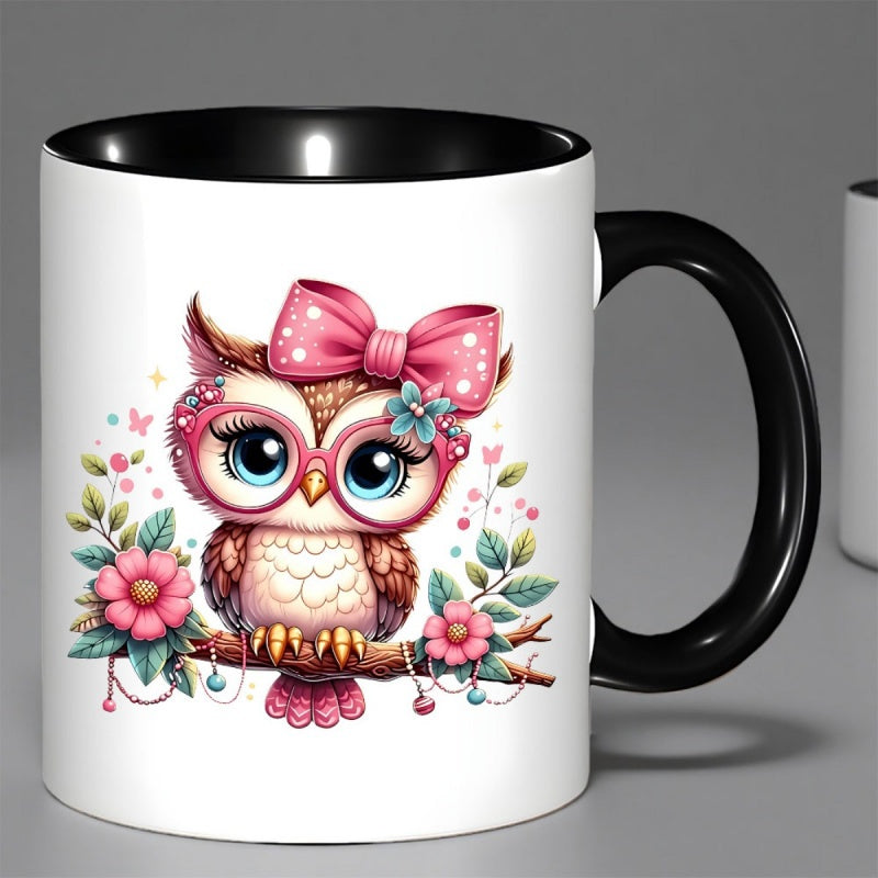 Tailorly Black Accent 11 oz Mug - owl with pink bow and glasses
