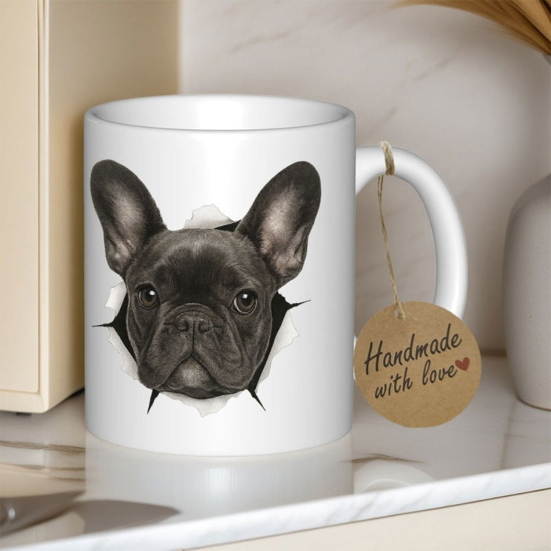 Tailorly White Ceramic 11 oz Mug - Handmade With Love Realistic Black French Bulldog Peeking Through A Torn Paper Effect Bulldog