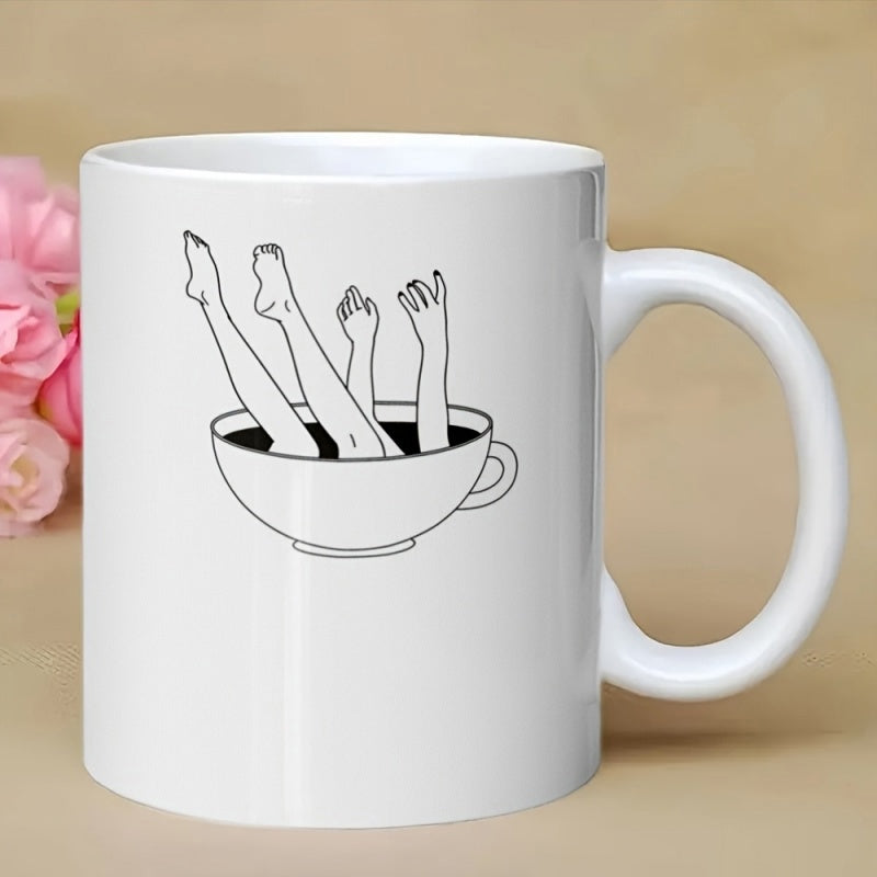 Tailorly White Ceramic 11 oz Mug - Minimalist Line Drawing With Human Limbs Emerging From A Dark Coffee Cup