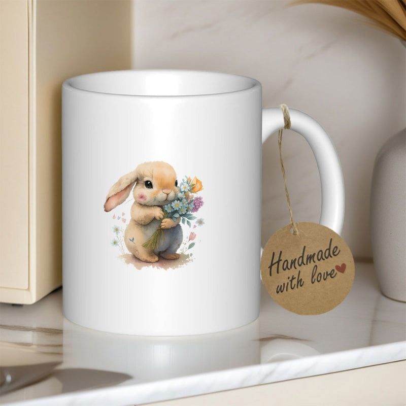 Tailorly White Ceramic 11 oz Mug - Cute Lop Eared Watercolor Bunny Holding A Small Bouquet Of Spring Wildflowers Rabbit