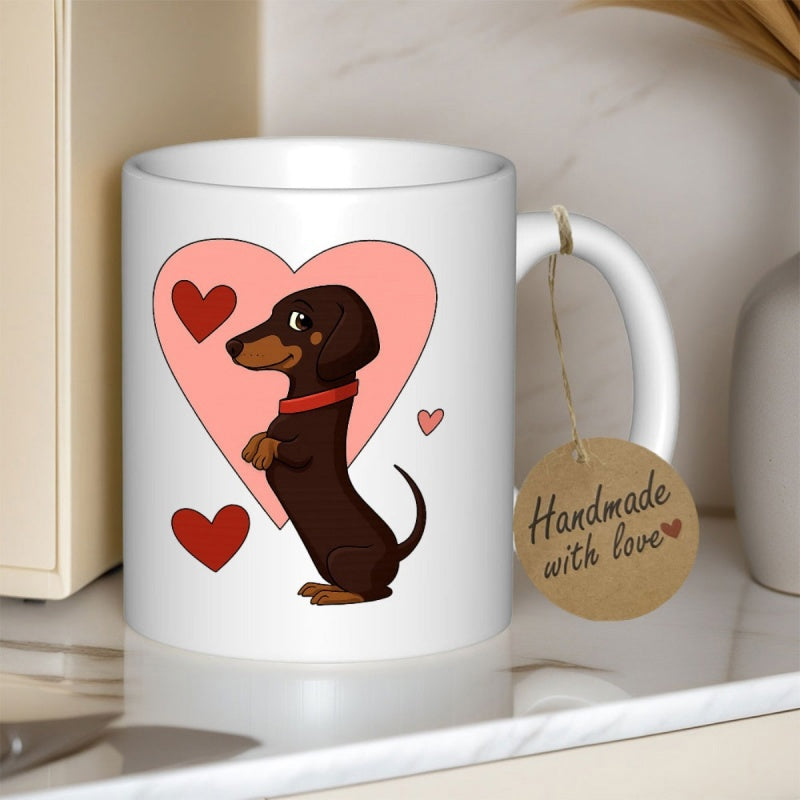 Tailorly White Ceramic 11 oz Mug - Handmade With Love Cute Little Sausage Dog Standing Inside A Large Pink Heart Dachshund