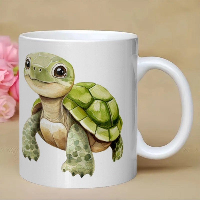 Tailorly White Ceramic 11 oz Mug - Adorable Watercolor Friendly Little Reptile With Green Patterned Shell Turtle
