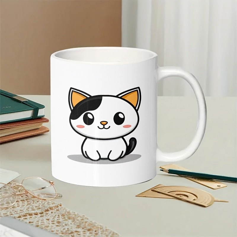 Tailorly White Ceramic 11 oz Mug - Adorable Sitting Cartoon Calico Kitten With Round Eyes And Tiny Ears Cat