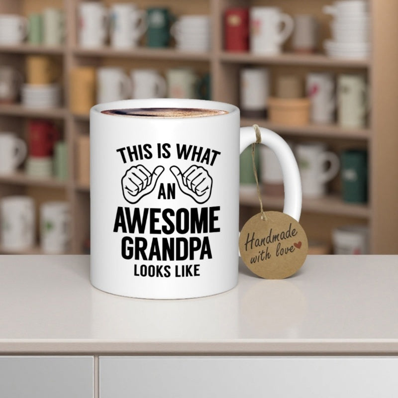 Tailorly White Ceramic 11 oz Mug - This Is What An Awesome Grandpa Looks Like Simple Black Ink Illustration Featuring Thumbs Pointing Inward Toward The Center