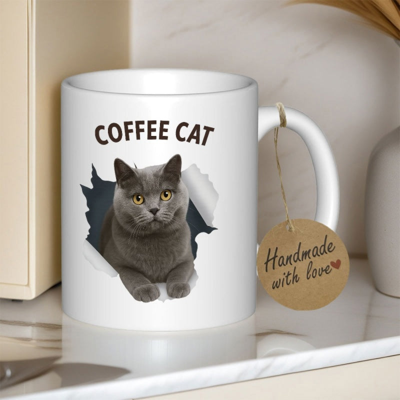 Tailorly White Ceramic 11 oz Mug - Coffee Cat Grey British Shorthair Peeking Through A Torn Paper Effect Backdrop Cat